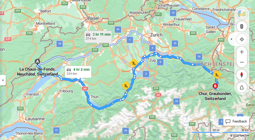 Anreise von La Chaux-de-Fonds Zu Chur Über a8, a3·Toll on route