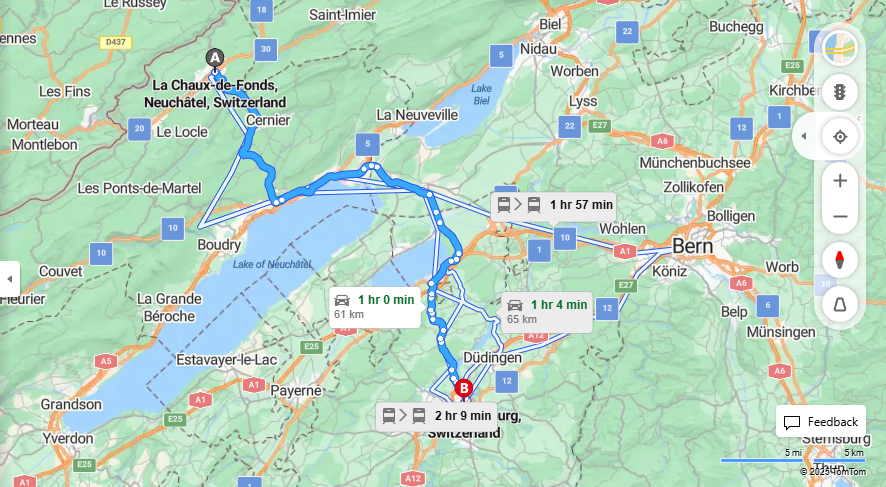 Anreise von La Chaux-de-Fonds Zu Fribourg Über 20, A5·Toll on route