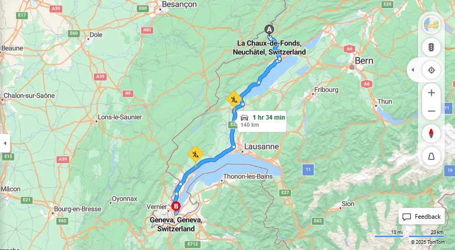 Anreise von La Chaux-de-Fonds Zu Geneva Über A5, E25·Toll on route