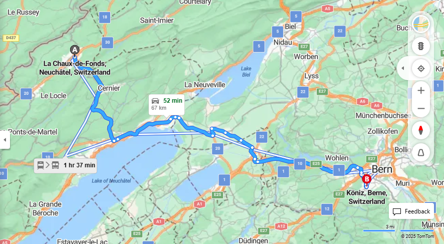 Anreise von La Chaux-de-Fonds Zu Köniz Über 20, E25·Toll on route