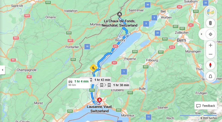Anreise von La Chaux-de-Fonds Zu Lausanne Über 20, A5·Toll on route