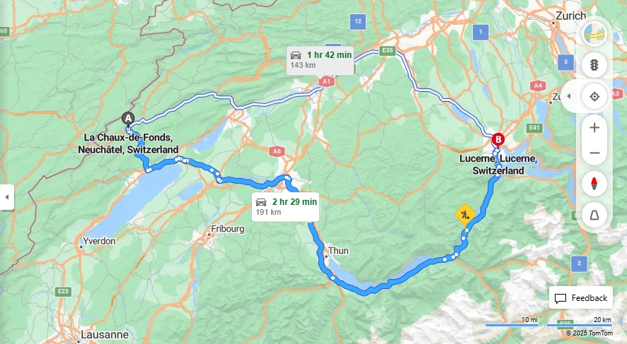 Anreise von La Chaux-de-Fonds Zu Lucerne Über A6, a8·Toll on route