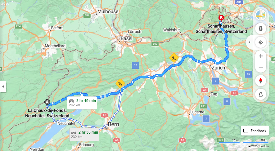 Anreise von La Chaux-de-Fonds Zu Schaffhausen Über a1, E41·Toll on route