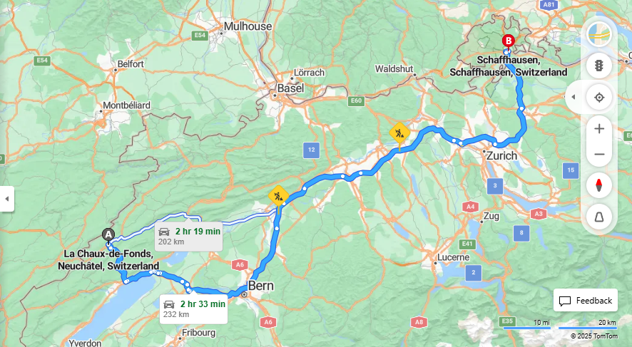 Anreise von La Chaux-de-Fonds Zu Schaffhausen Über E25·Toll on route
