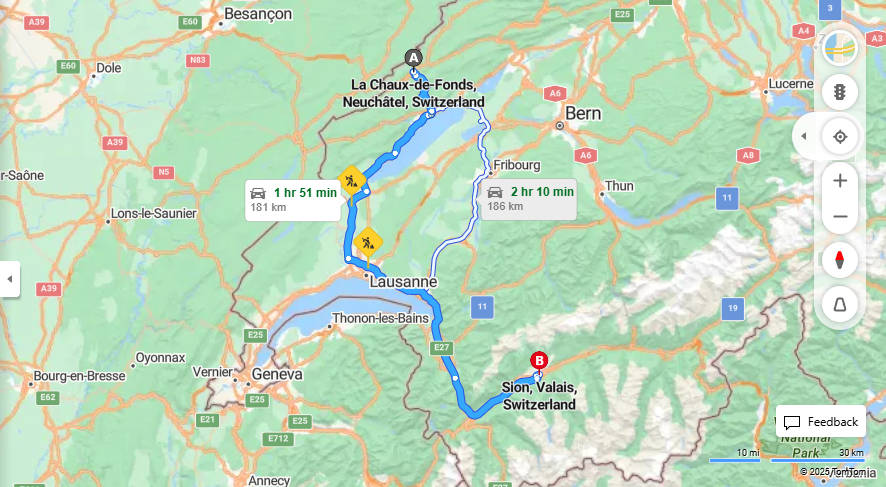 Anreise von La Chaux-de-Fonds Zu Sion Über A5, E62·Toll on route