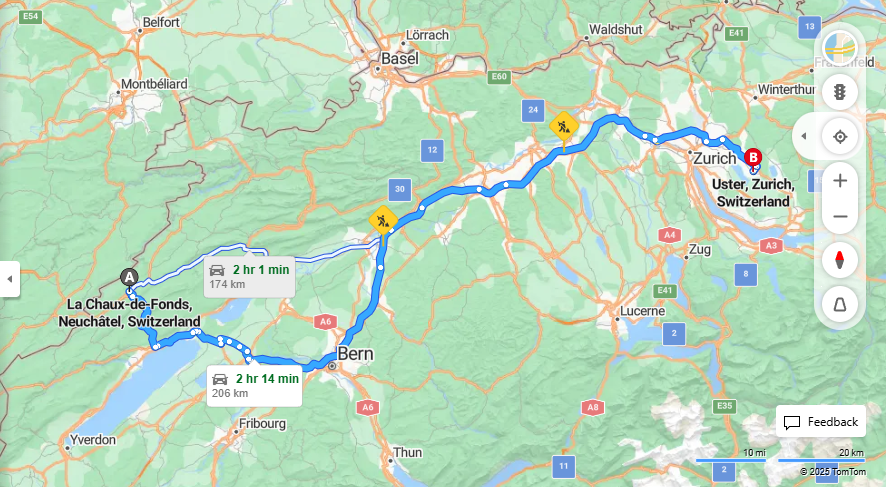 Anreise von La Chaux-de-Fonds Zu Uster Über 20, E25·Toll on route