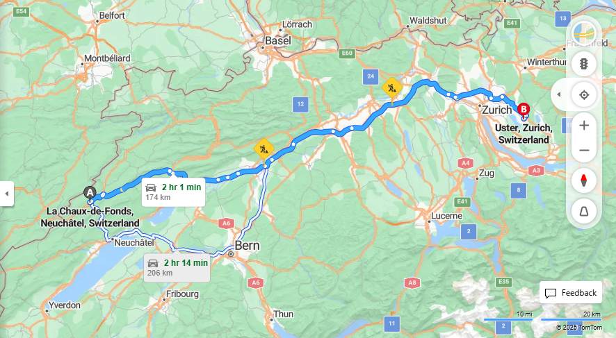 Anreise von La Chaux-de-Fonds Zu Uster Über a1, E60·Toll on route