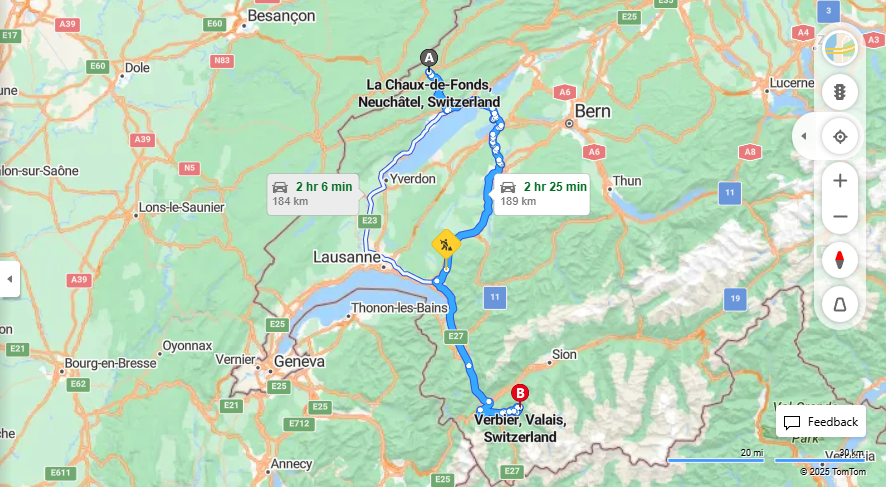 Anreise von La Chaux-de-Fonds Zu Vernier Über 1, e27·Toll on route