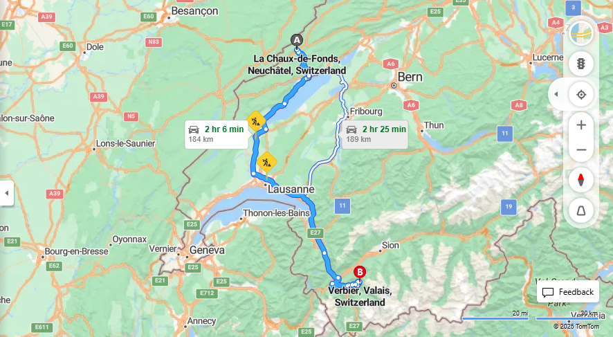 Anreise von La Chaux-de-Fonds Zu Vernier Über E62, e27·Toll on route
