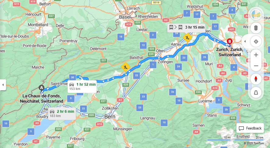 Anreise von La Chaux-de-Fonds Zu Zurich Über 30, a1·Toll on route