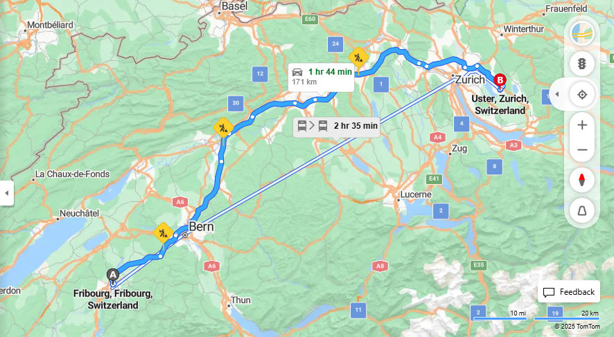 Anreise von Fribourg Zu Uster Über E25, a1·Toll on route