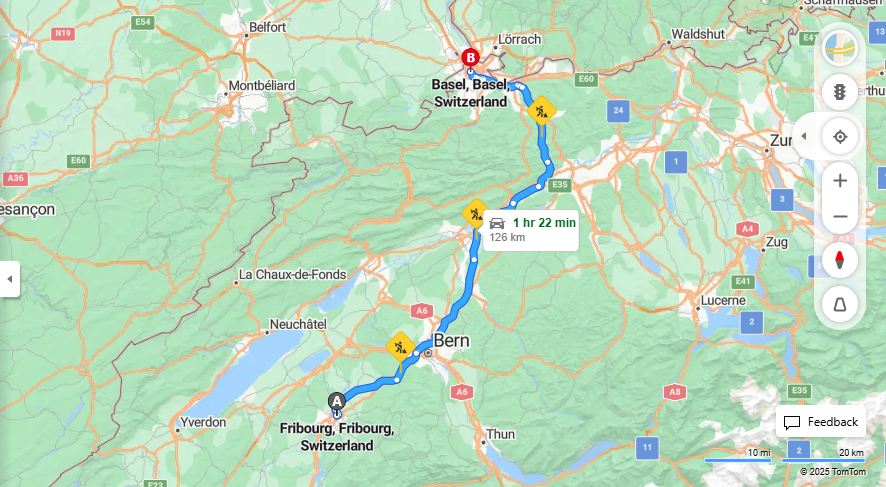 Anreise von Fribourg Zu Basel Über e27, E25·Toll on route