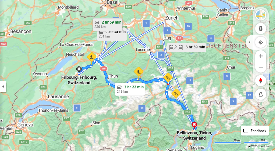 Anreise von Fribourg Zu Bellinzona Über 11, E35·Toll on route