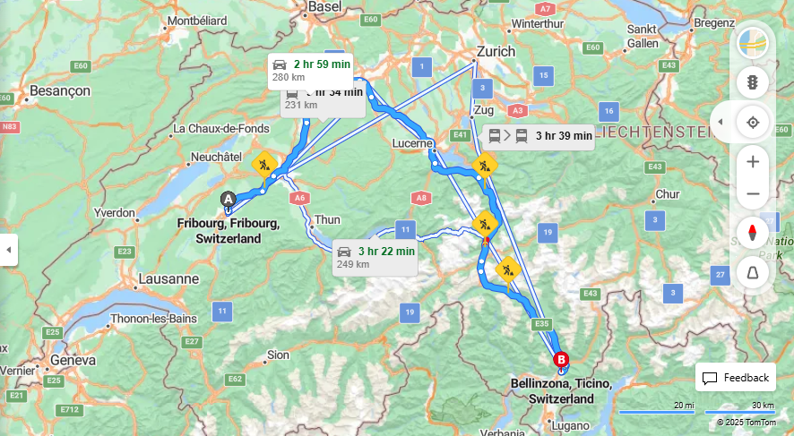 Anreise von Fribourg Zu Bellinzona Über E25, E35·Toll on route
