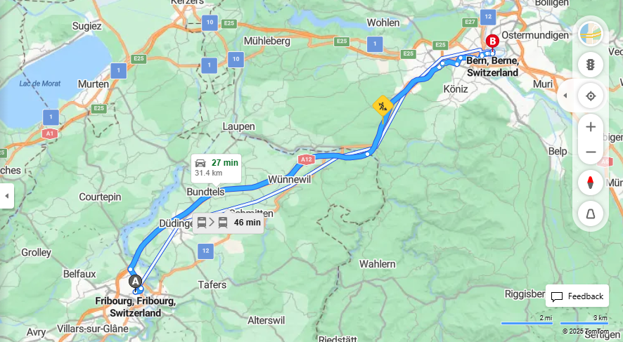 Anreise von Fribourg Zu Bern Über e27·Toll on route