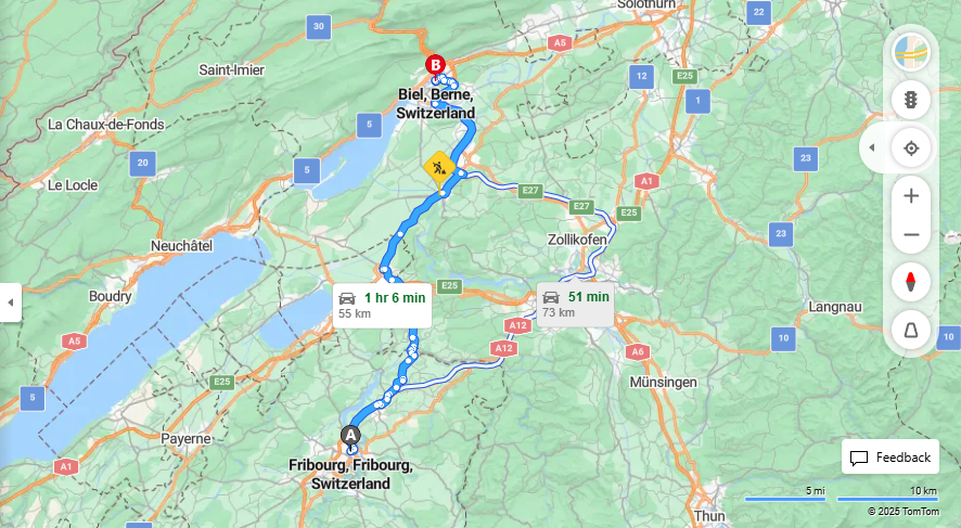 Anreise von Fribourg Zu Biel/Bienne Über e27, Freiburgstrasse·Toll on route