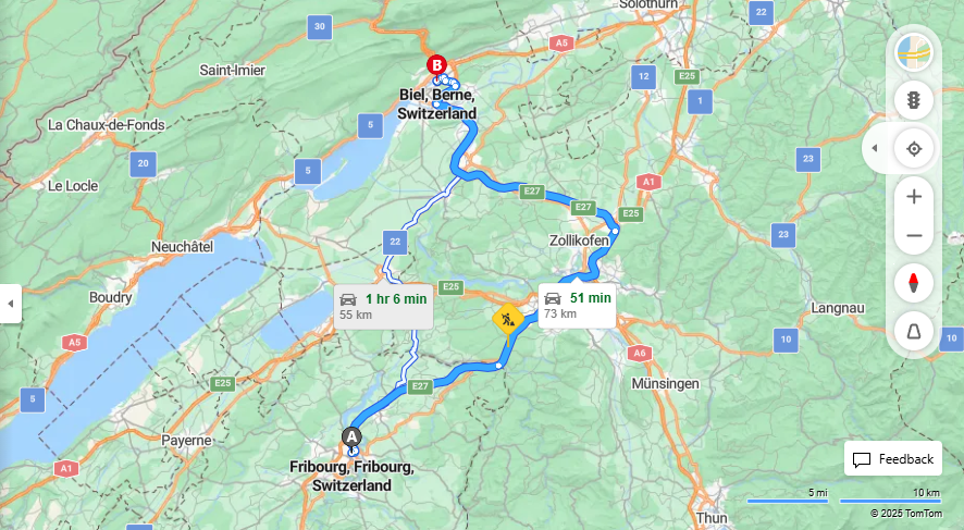 Anreise von Fribourg Zu Biel/Bienne Über e27·Toll on route