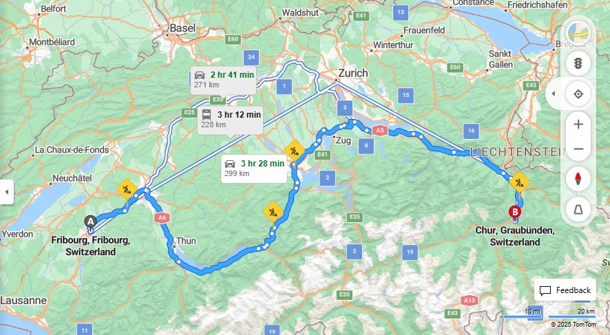 Anreise von Fribourg Zu Chur Über a8, a3·Toll on route