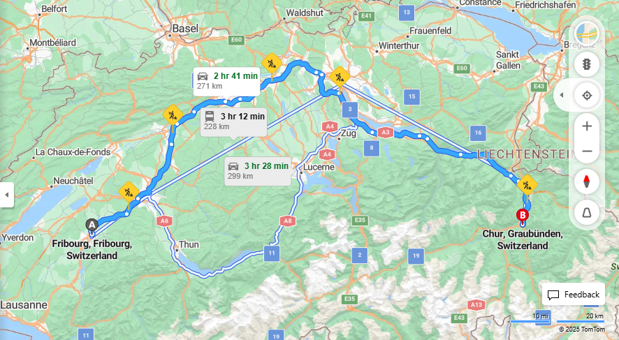 Anreise von Fribourg Zu Chur Über E25, a3·Toll on route