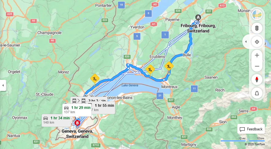 Anreise von Fribourg Zu Geneva Über e27, E62·Toll on route