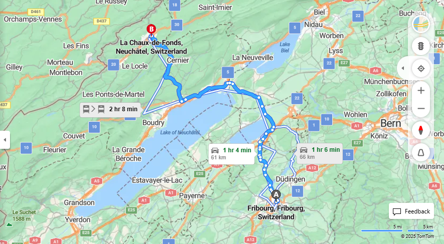 Anreise von Fribourg Zu La Chaux-de-Fonds Über 20, A5·Toll on route