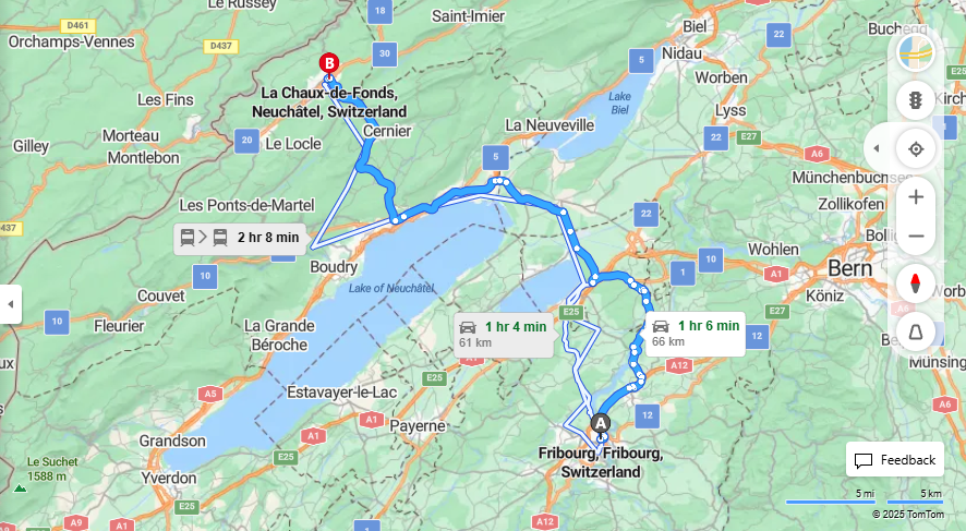Anreise von Fribourg Zu La Chaux-de-Fonds Über e27, 20·Toll on route