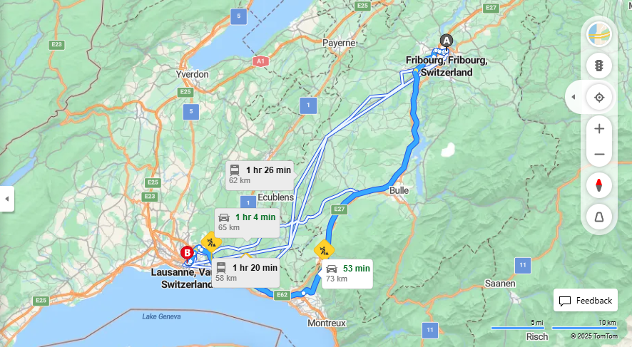 Anreise von Fribourg Zu Lausanne Über e27, E62·Toll on route