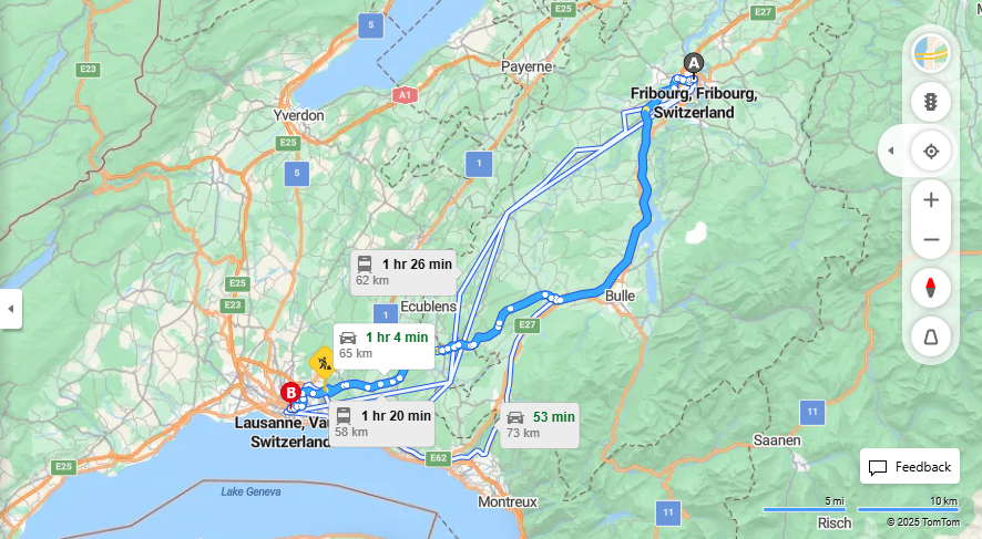 Anreise von Fribourg Zu Lausanne Über e27, Route d'Oron·Toll on route