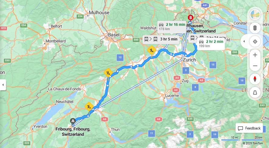 Anreise von Fribourg Zu Schaffhausen Über E25, E41·Toll on route