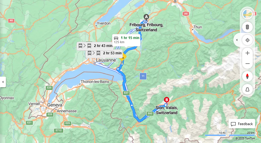 Anreise von Fribourg Zu Sion Über e27, E62·Toll on route