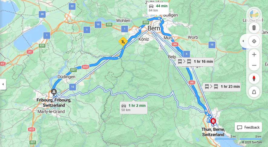 Anreise von Fribourg Zu Thun Über e27, A6·Toll on route