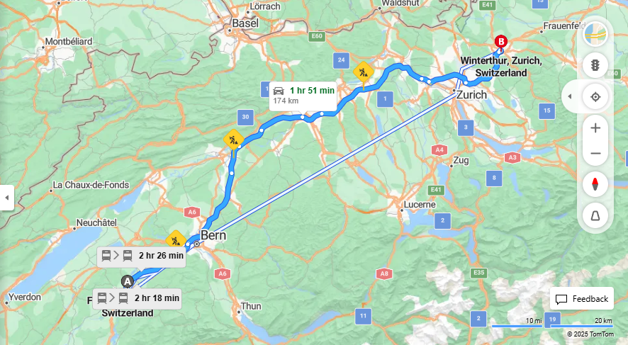 Anreise von Fribourg Zu Winterthur Über E25, a1·Toll on route