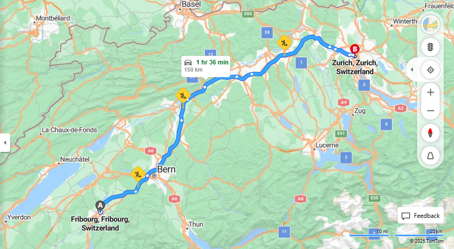 Anreise von Fribourg Zu Zurich Über E25, a1·Toll on route