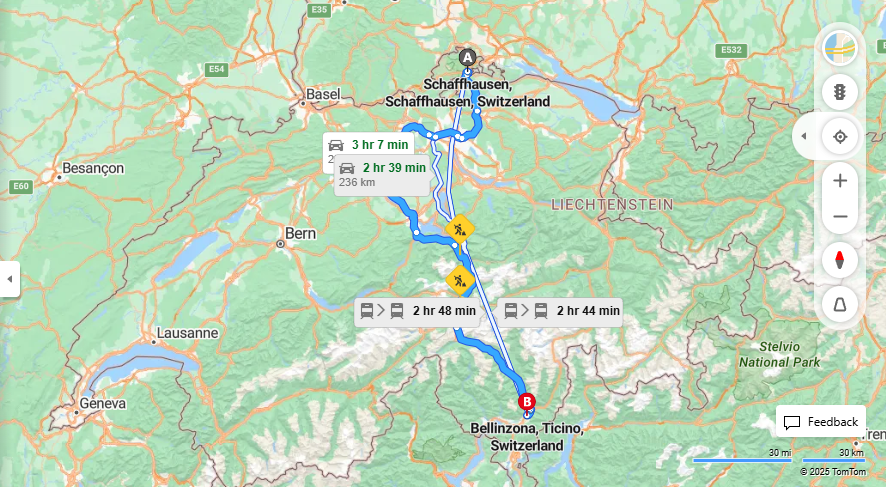 Anreise von Schaffhausen Zu Bellinzona Über a1, E35·Toll on route