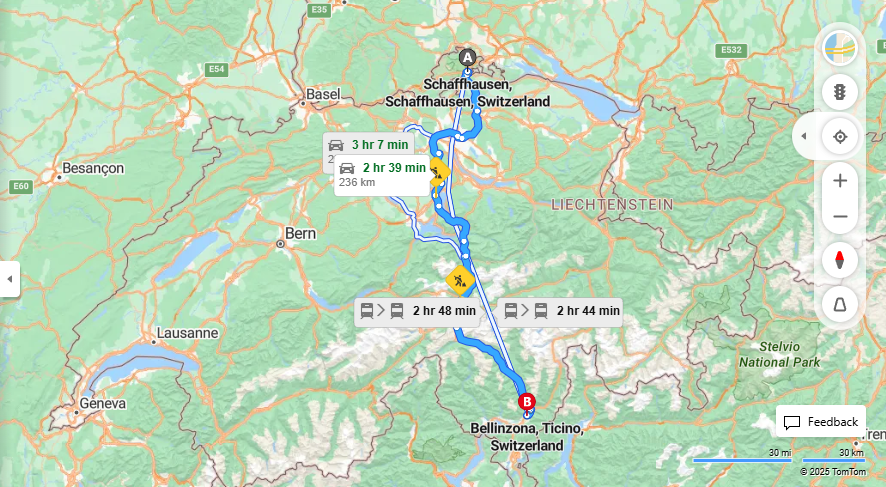 Anreise von Schaffhausen Zu Bellinzona Über E41, E35·Toll on route