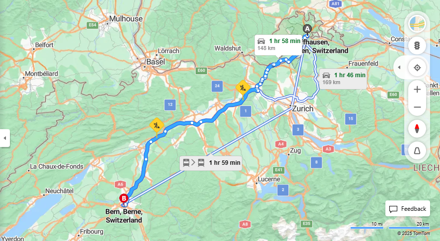 Anreise von Schaffhausen Zu Bern Über 4, E25·Toll on route
