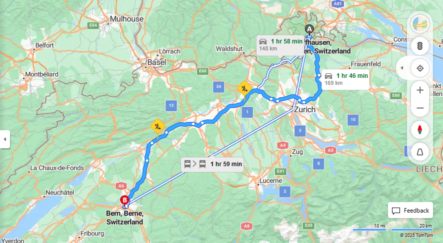 Anreise von Schaffhausen Zu Bern Über E41, E25·Toll on route