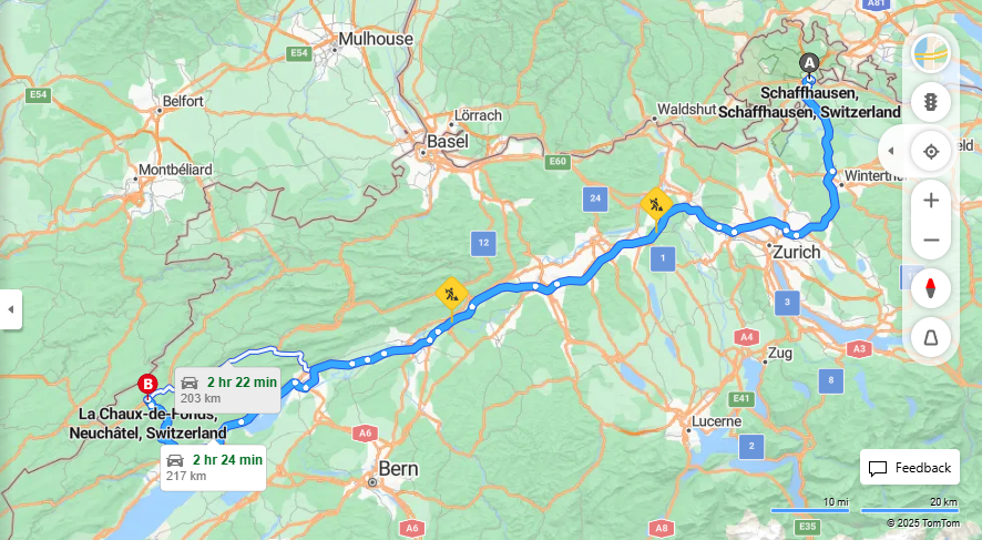 Anreise von Schaffhausen Zu La Chaux-de-Fonds Über A5·Toll on route