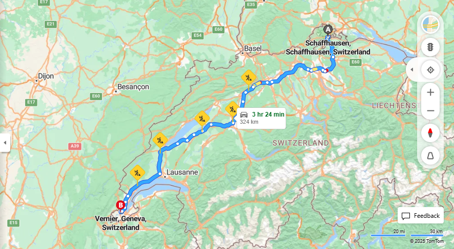Anreise von Schaffhausen Zu Vernier Über E41, E25·Toll on route