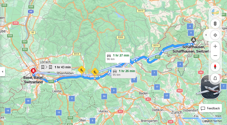 Anreise von Schaffhausen Zu Basel Über E54, E60·Toll on route