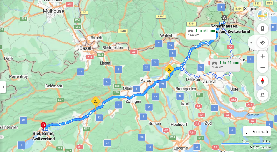 Anreise von Schaffhausen Zu Biel/Bienne Über b27, a1·Toll on route