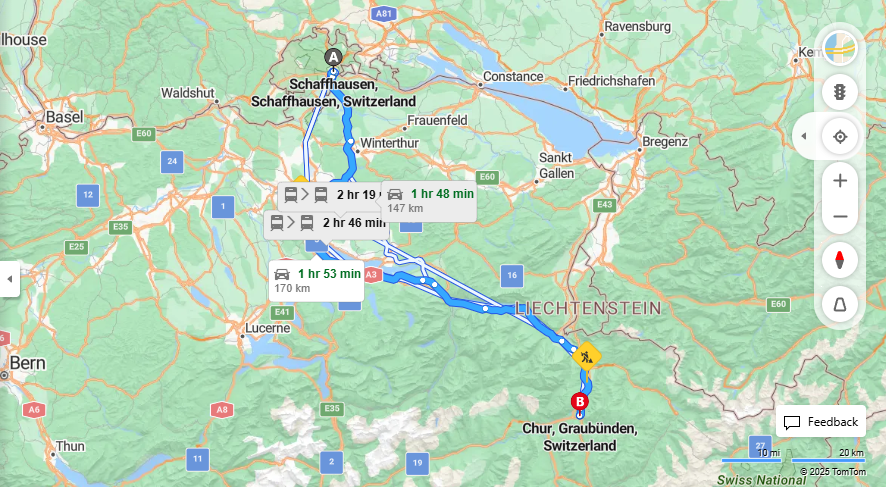 Anreise von Schaffhausen Zu Chur Über A3W, a3·Toll on route