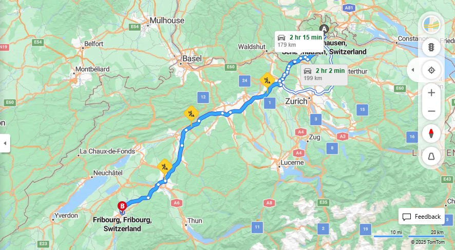 Anreise von Schaffhausen Zu Fribourg Über b27, E25·Toll on route