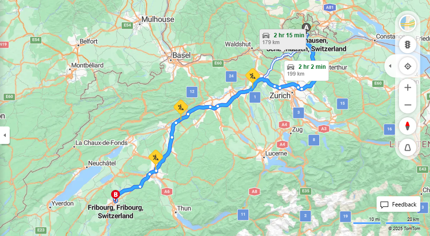Anreise von Schaffhausen Zu Fribourg Über E41, E25·Toll on route