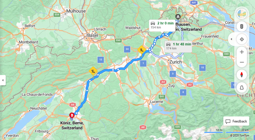 Anreise von Schaffhausen Zu Köniz Über b27, E25·Toll on route