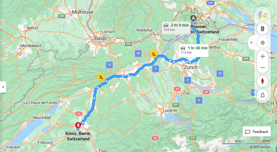 Anreise von Schaffhausen Zu Köniz Über E41, E25·Toll on route