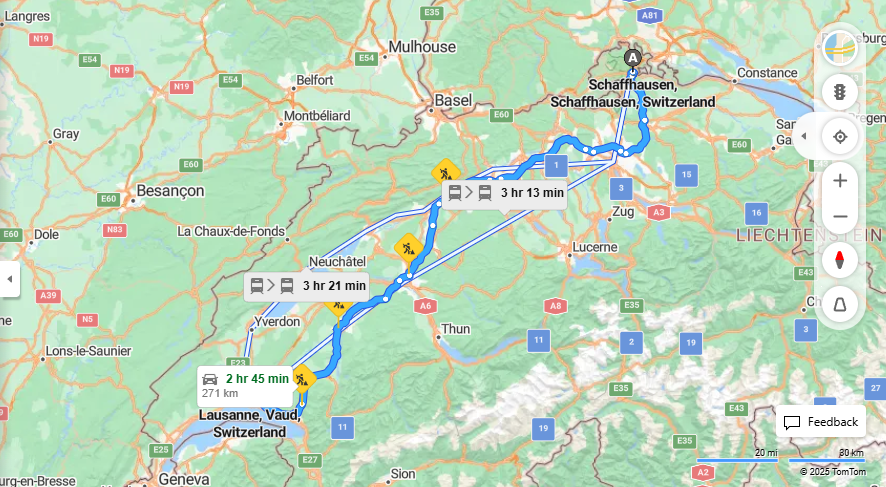 Anreise von Schaffhausen Zu Lausanne Über E25, e27·Toll on route