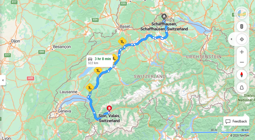 Anreise von Schaffhausen Zu Sion Über E25, e27·Toll on route