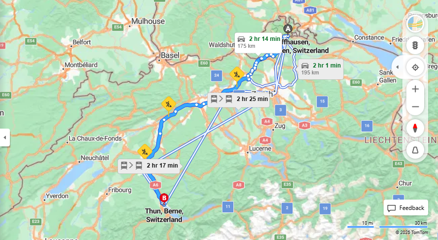 Anreise von Schaffhausen Zu Thun Über b27, E25·Toll on route