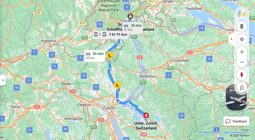 Anreise von Schaffhausen Zu Uster Über 4, a51·Toll on route